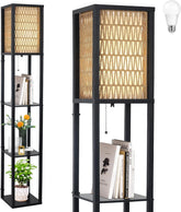 Floor Lamp with Shelves, Corner Floor Lamps for Living Room, Boho Floor Lamp with LED Bulb & Double Shades, Rattan Standing Lamp for Bedroom Office, Shelf Tall Lamp for Storage Display, Home Decor
