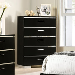 Black And Chrome Finish 1pc Chest 5-Drawers Modern Contemporary Style Chrome Finish Handles And Feet High Gloss Coating Lacquer Bedroom Furniture
