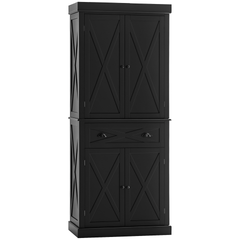 HOMCOM 72" Kitchen Pantry Storage Cabinet, Traditional Freestanding Pantry Cabinet with 4 Doors and 2 Adjustable Shelves, Large Central Drawer, X-Frame, Black