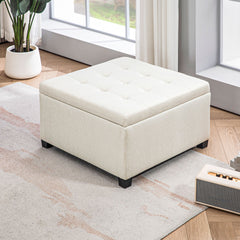HOMCOM Fabric Tufted Storage Ottoman with Flip Top Seat Lid, Metal Hinge and Stable Eucalyptus Wood Frame for Living Room, Entryway, or Bedroom, Beige