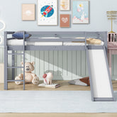 Twin Low Loft Bed with Slide, Ladder, Safety Guardrails, Rubber Wood Twin Loft Bed,Grey
