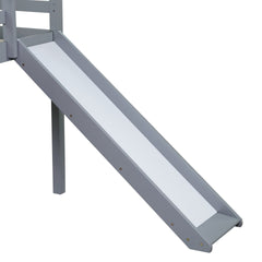 Twin Low Loft Bed with Slide, Ladder, Safety Guardrails, Rubber Wood Twin Loft Bed,Grey