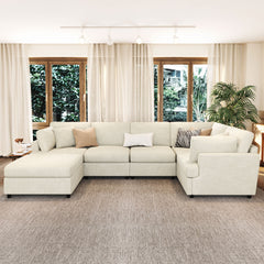 U-style 127" U-Shaped Sectional Sofa with Movable Ottoman, 6-Piece Chenille Fabric Sofa Set, Convertible Modular Corner Couch with Sturdy Pine Wood Frame, for Large Living Room and Apartment