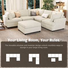 U-style 127" U-Shaped Sectional Sofa with Movable Ottoman, 6-Piece Chenille Fabric Sofa Set, Convertible Modular Corner Couch with Sturdy Pine Wood Frame, for Large Living Room and Apartment