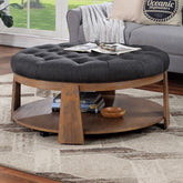 Round Coffee Table Transitional Style Welt Trim Button Tufting Padded Seat open Bottom Shelf Wire Brushed Finish Natural Tone And Dark Gray