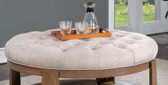 Transitional Style 1pc Round Coffee Table Wire Brusher Welt Trim Button Tufting Open Bottom Shelf Padded Seat Natural Tone And Beige Finish