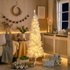 HOMCOM 5ft Pencil Christmas Tree, Slim Artificial Christmas Tree with Realistic Branches and Warm White LED Lights, White