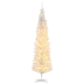 HOMCOM 7ft Pencil Christmas Tree, Slim Artificial Christmas Tree with Realistic Branches and Warm White LED Lights, White