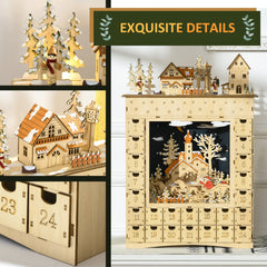 HOMCOM Christmas Advent Calendar, Wooden Countdown to Christmas Table Decoration with 24 Drawers, Lights, Battery Operated