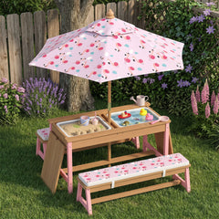 Qaba Kids Picnic Table Set with Foldable Umbrella, Removable Cushions & Boxes, Flamingo Theme, Pink
