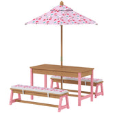 Qaba Kids Picnic Table Set with Foldable Umbrella, Removable Cushions & Boxes, Flamingo Theme, Pink