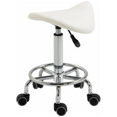 HOMCOM PU Leather Adjustable Stool, Rolling Saddle Stool with Wheels for Massage, Spa, Clinic, Beauty and Tattoo, White