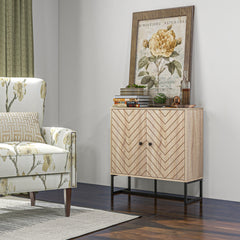 HOMCOM 31.5" Buffet Cabinet, Modern Sideboard with Adjustable Shelf, Steel Base and 2 Chevron Doors, Natural Wood