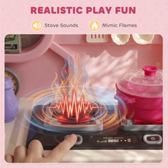 Qaba Kids Kitchen Playset, Play Kitchen with Lights, Sounds, Circulating Water Sink, Storage, 33 PCS for 3-6 Years, Pink