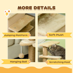 PawHut Adjustable Height 3 Step/4 Step Cat Stairs w/ Jute Cat Scratching Post, Cat Condo, Toy Ball, for Bed, Sofa, Couch, Beige