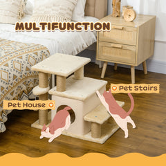 PawHut Adjustable Height 3 Step/4 Step Cat Stairs w/ Jute Cat Scratching Post, Cat Condo, Toy Ball, for Bed, Sofa, Couch, Beige