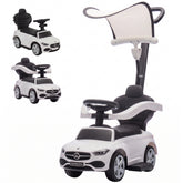Qaba 3 in 1 Toddler Push Car Licensed Benz with Push Handle, Guardrails, Canopy, Horn, Music, Storage for 18-36 Months, White