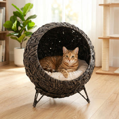 PawHut Rattan Cat Bed, Elevated Handwoven Cat Basket Bed with Soft Cushion and Metal Base