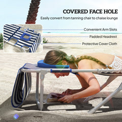 Outsunny Tanning Chair Set of 2 with Face Hole and Side Table, 5-Position Folding Outdoor Chaise Lounge Chair, Blue and White