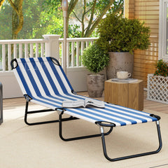 Outsunny Portable Folding Adjustable Sun Beach Lounger / Camping Cot - Blue and White