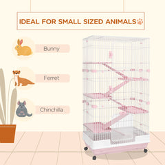 PawHut 32"L 6-Level Small Animal Cage Rabbit Hutch with Universal Lockable Wheels, Slide-out Tray for Bunny, Chinchillas, Ferret, Pink