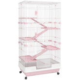 PawHut 32"L 6-Level Small Animal Cage Rabbit Hutch with Universal Lockable Wheels, Slide-out Tray for Bunny, Chinchillas, Ferret, Pink