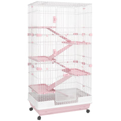 PawHut 32"L 6-Level Small Animal Cage Rabbit Hutch with Universal Lockable Wheels, Slide-out Tray for Bunny, Chinchillas, Ferret, Pink