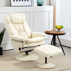 HOMCOM PU Leather Recliner Chair with Ottoman, Swivel Recliner and Ottoman with Round Wrapped Base for Living Room, Cream White