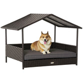 PawHut Wicker Dog House Outdoor with Canopy, Rattan Dog Bed with Water-resistant Cushion, Raised Pet Bed for Small, Medium Breeds up to 66 lbs, 20" in Length, Brown Wicker, Gray Cushion