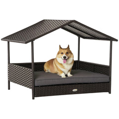 PawHut Wicker Dog House Outdoor with Canopy, Rattan Dog Bed with Water-resistant Cushion, Raised Pet Bed for Small, Medium Breeds up to 66 lbs, 20" in Length, Brown Wicker, Gray Cushion