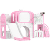 Qaba 7 in 1 Kids Slide with Climber, Basketball Hoop, Telescope, Indoor Outdoor Playground, for Boys Girls Ages 1-3, Pink