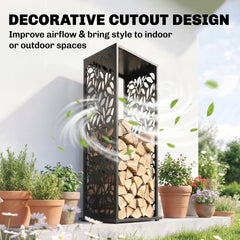 Outsunny 15 Inch Firewood Rack Outdoor Indoor, Cutout Galvanized Steel Firewood Holder with Hooks, Adjustable Pads, Black