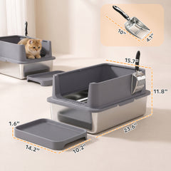 PawHut 2 Pack XL Stainless Steel Litter Box, Metal Cat Litter Box High Sided with Tracking Step & Stainless Steel Scoops