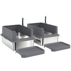 PawHut 2 Pack XL Stainless Steel Litter Box, Metal Cat Litter Box High Sided with Tracking Step & Stainless Steel Scoops