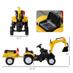 Aosom Digger Ride-on Truck Kids Car with Horn, Excavator Ride-on Toy, Imaginative Toy Construction Car, 6 Wheels & Detachable Trailer, Yellow