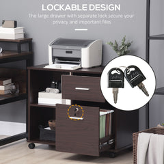Vinsetto Lateral File Cabinet with Wheels, Mobile Printer Stand with Open Shelves and Drawers for A4 Size Documents, Walnut