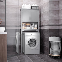 kleankin Modern Over The Toilet Storage Cabinet, Double Door Bathroom Organizer with Inner Adjustable Shelf and Open Shelf, Gray