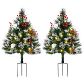 HOMCOM 2.5 Ft/30" 2 Pack Outdoor Entryway Pre-Lit Artificial Christmas Tree Cordless with 70 Branches, Warm White LED lights, Red Berries, Pine Cones, Balls, Green