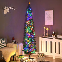HOMCOM 7' Artificial Pencil Christmas Trees Holiday Decoration with Colorful LED Lights, Steel Base, Skinny Shape
