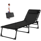 Outsunny Folding Chaise Lounge Pool Chair with 4-Position Reclining Back, Pillow, Breathable Mesh & Bungee Seat, Black