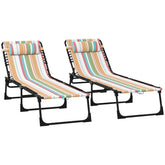 Outsunny 2 Folding Chaise Lounge Pool Chairs with 4-Position Reclining Back, Pillow, Breathable Mesh & Bungee Seat, Striped