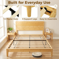 HOMCOM Queen Size Bamboo Platform Bed Frame with Headboard and 12 Poplar Slats, No Box Spring Needed, Easy Assembly, Natural