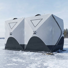 Outsunny 5-8 Person Ice Fishing Shelter, Pop-Up Ice Shanty Tent, Insulated Portable Tent with 2 Doors & Carrying Bag, Light Gray