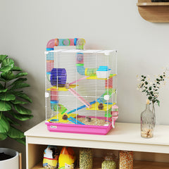PawHut 5 Tiers Hamster Cage Portable Animal Travel Carrier w/ Exercise Wheels Tube, Pink