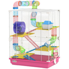 PawHut 5 Tiers Hamster Cage Portable Animal Travel Carrier w/ Exercise Wheels Tube, Pink