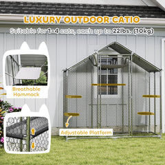 PawHut Large Catio Outdoor Cat Enclosure with Waterproof Cover, Walk-in Cat Patio w/ 5 Adjustable Platforms & Hammock