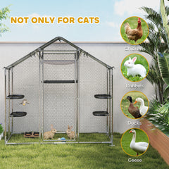 PawHut Large Catio Outdoor Cat Enclosure with Waterproof Cover, Walk-in Cat Patio w/ 5 Adjustable Platforms & Hammock
