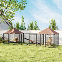 PawHut Large Outdoor Dog Kennel with 2 Rooms, Rotating & Adjustable Height Bowls, Waterproof & UV-Resistant Canopy