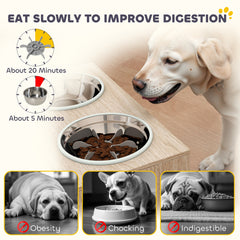 PawHut Elevated Dog Bowls with Storage Cabinet, 2 Stainless Steel Bowls, Slow Feeder, Dog Feeding Station for Large Dogs, Oak