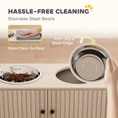 PawHut Elevated Dog Bowls with Storage Cabinet, 2 Stainless Steel Bowls, Slow Feeder, Dog Feeding Station for Large Dogs, Oak